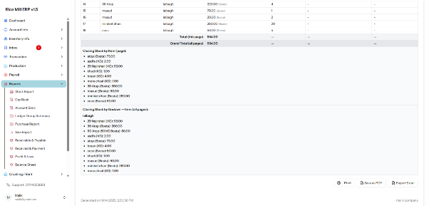 The image shows a stock report with item quantities and totals, along with options to print, save as PDF, or export to Excel, and a navigation menu on the left