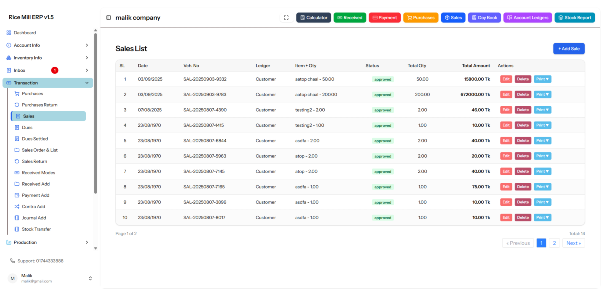 A sales transaction list on a business dashboard, showing dates, invoice numbers, customer names, statuses, amounts, and action buttons