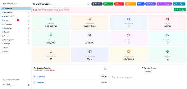 A dashboard for Aponn Company's Accounting Software, showing financial metrics, order statuses, and supplier payables, with a left-side menu and top quick action buttons.